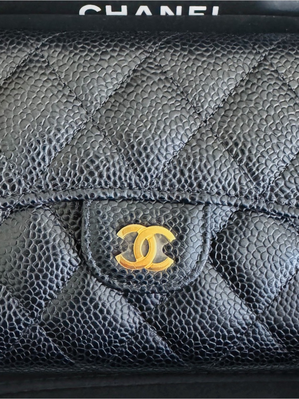 CHANEL Black Quilted Caviar Leather Wallet with Gold CC Logo